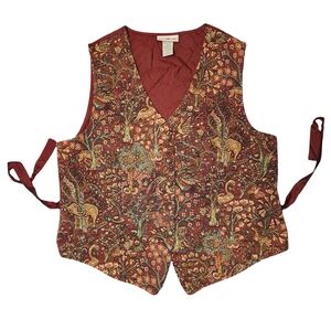 Vintage-Inspired Women's Whimsical Forest Animal Burgandy Tapestry Vest Sz XL